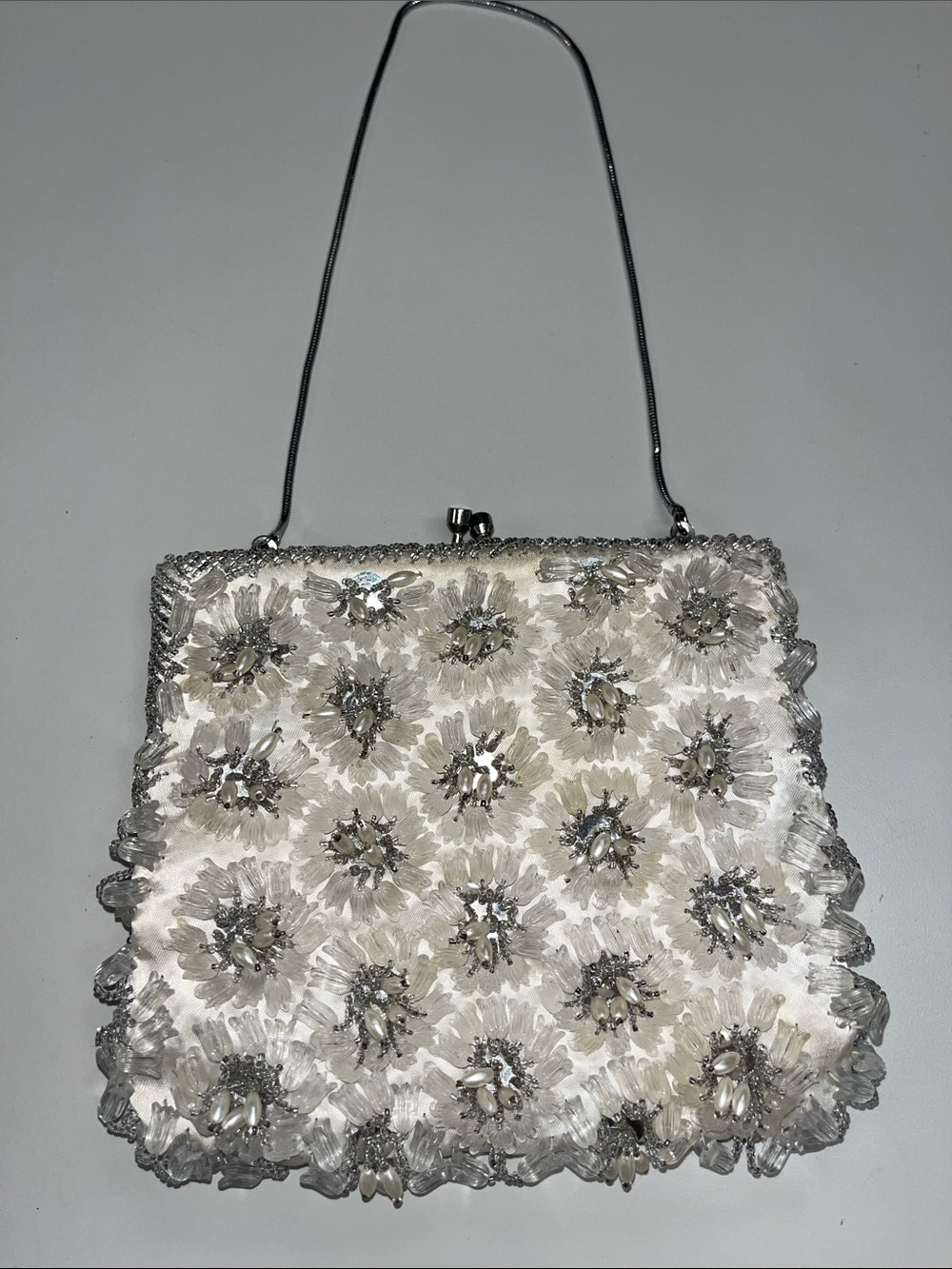 Source Unknown White and Silver Beaded Floral Evening Clutch / bag